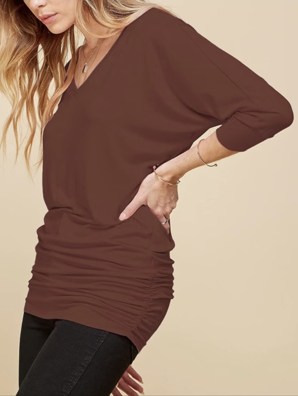 Made By Johnny Women's Brown 3/4 Sleeve Drape Dolman Top Elena Gilbert Bella